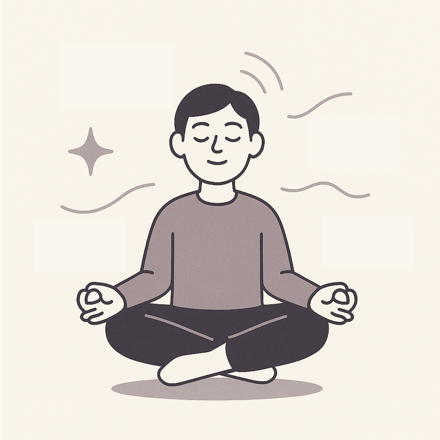 Illustration of a person sitting cross-legged, eyes closed, calm and at ease