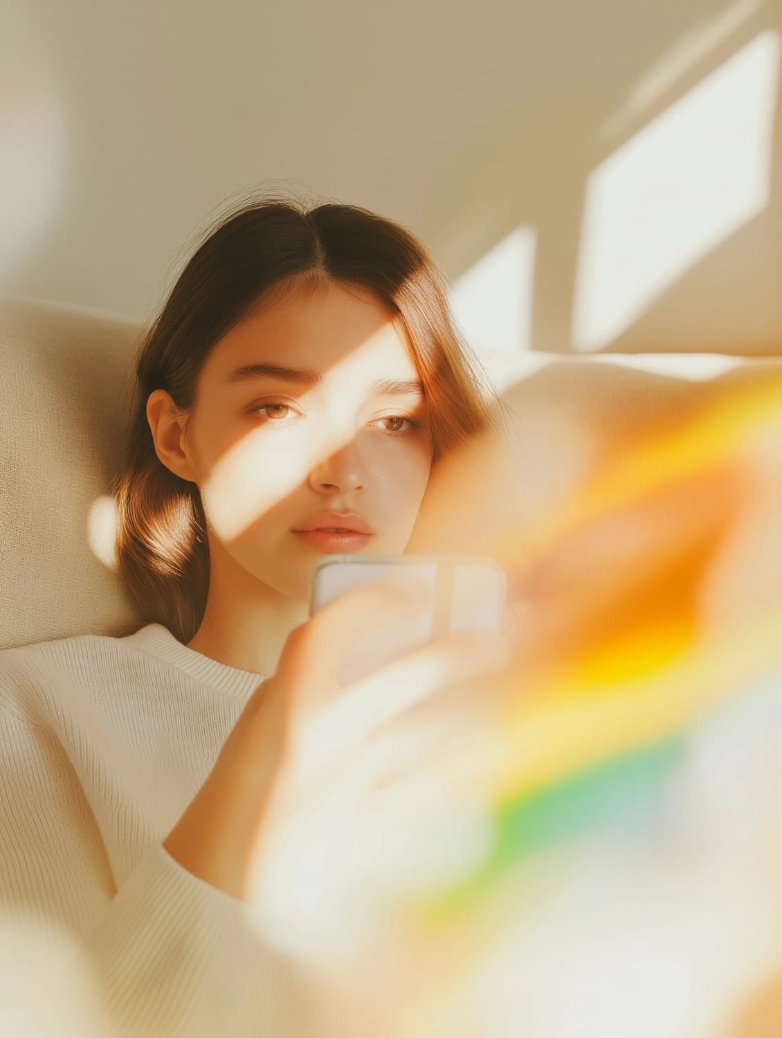 A young woman resting on a sofa in warm afternoon light, looking at her phone